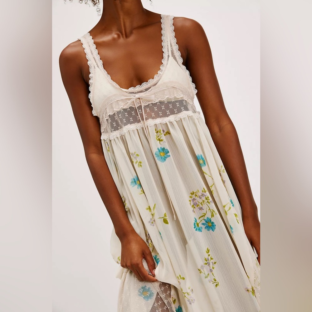 NWT FREE PEOPLE Making Moves Midi Dress Large Tea Combo Floral Lace Boho - Picture 4 of 11